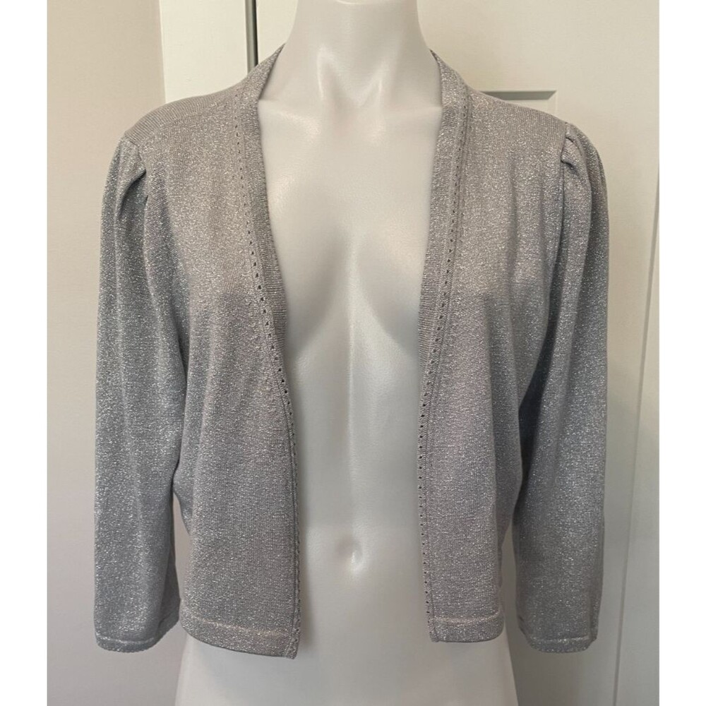 TALBOTS Womens Open Cropped CARDIGAN 3/4 Sleeve SILVER Glitter Size L